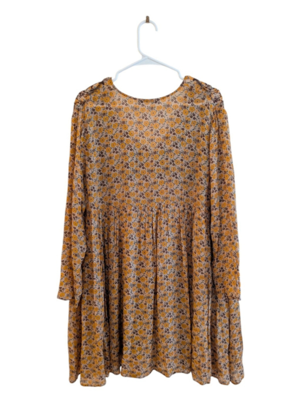 Zara Floral Embroidered Boho Mini Dress Size L Mustard Yellow Bell Sleeve - Picture 3 of 6